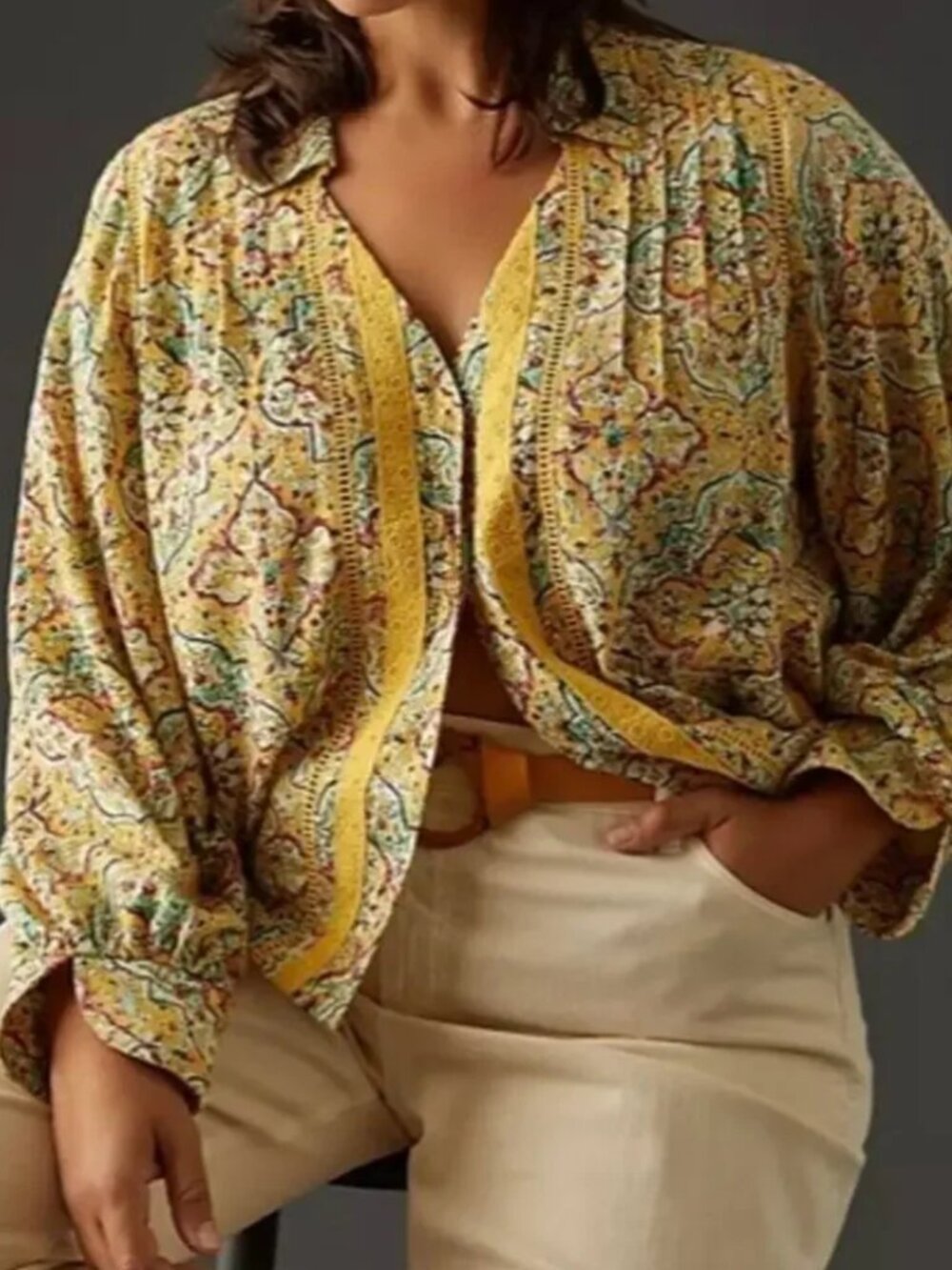 Anthropologie Pilcro Sz 1X Pintuck Peasant Blouse Yellow Floral Crochet Cottage